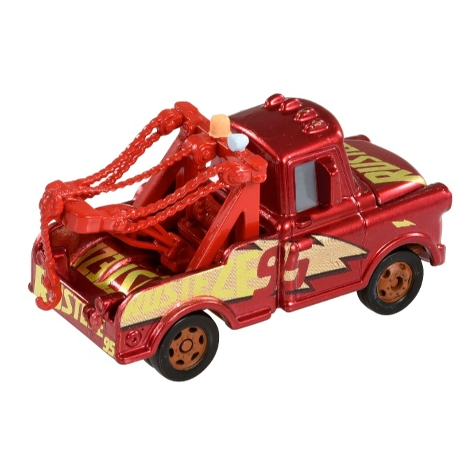  Red toy tow truck with tow hook and '95' lightning bolt design.