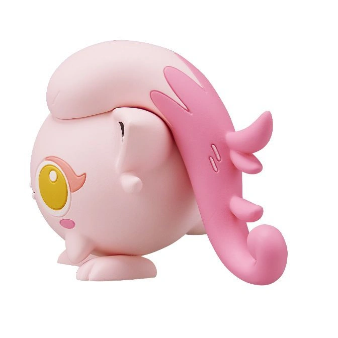  Pink Pokémon toy with a curled tail and yellow eyes.
