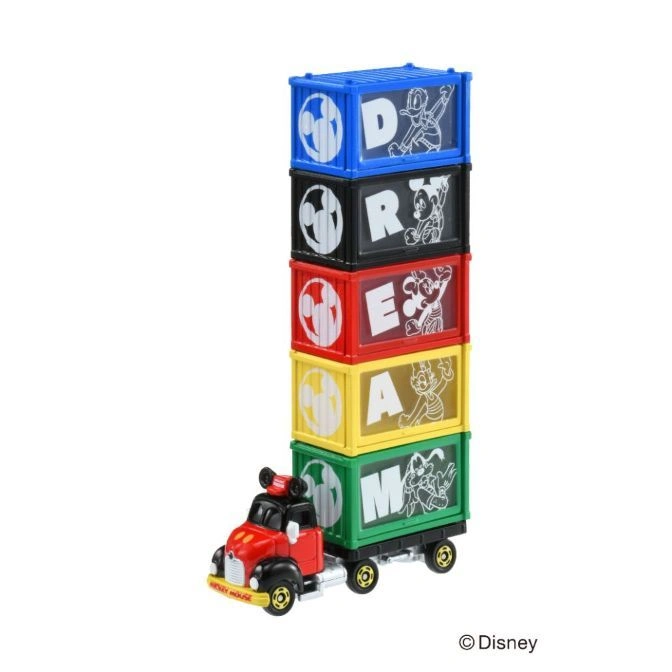  Mickey Mouse toy truck with stacked DREAM blocks. Colourful and playful.