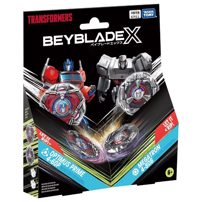  Transformers Beyblade X set featuring Optimus Prime and Megatron tops.
