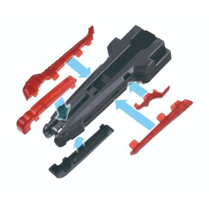  Toy assembly: black base with red and black parts being inserted, indicated by blue arrows.