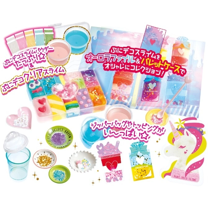  Puni Deco Slime kit with colorful slime, powders, containers, and decorations for creating custom slime creations.