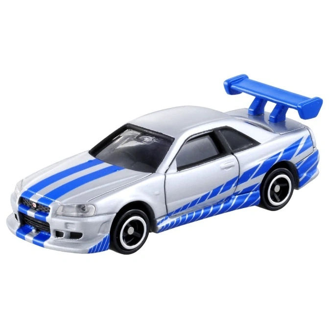 Silver toy car with blue stripes and spoiler.