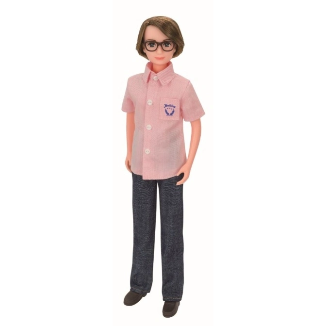  Fashion doll with glasses, pink shirt, dark jeans, and brown shoes.