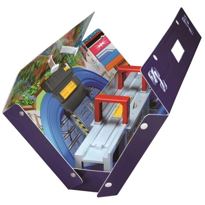  Foldable toy train set with track and scenery. The set is open, revealing the track and backdrop.