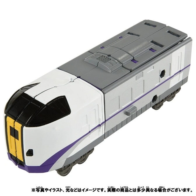  Toy train with white front, grey body, and purple stripe.