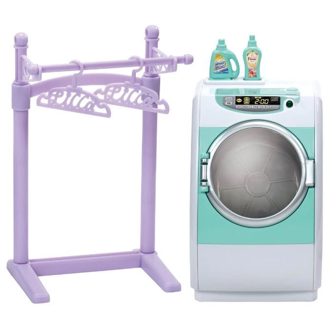 Toy laundry set: washer-dryer combo with detergent bottles and a clothes rack with hangers.
