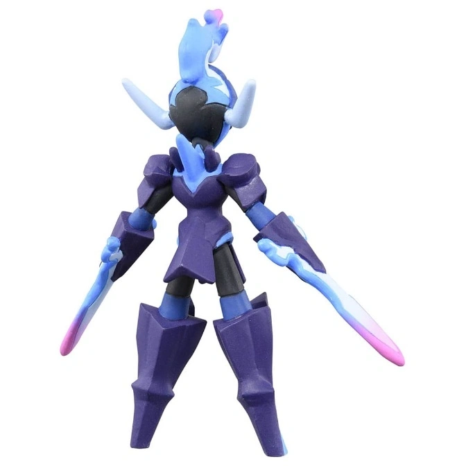  Articulated toy figure with blue and purple armor, holding sword-like weapons.