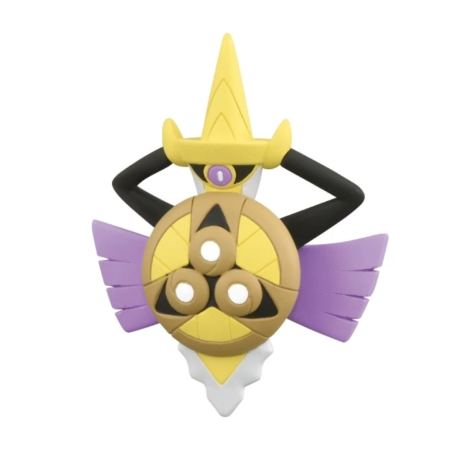  Aegislash toy featuring a gold crown, shield, and purple appendages.