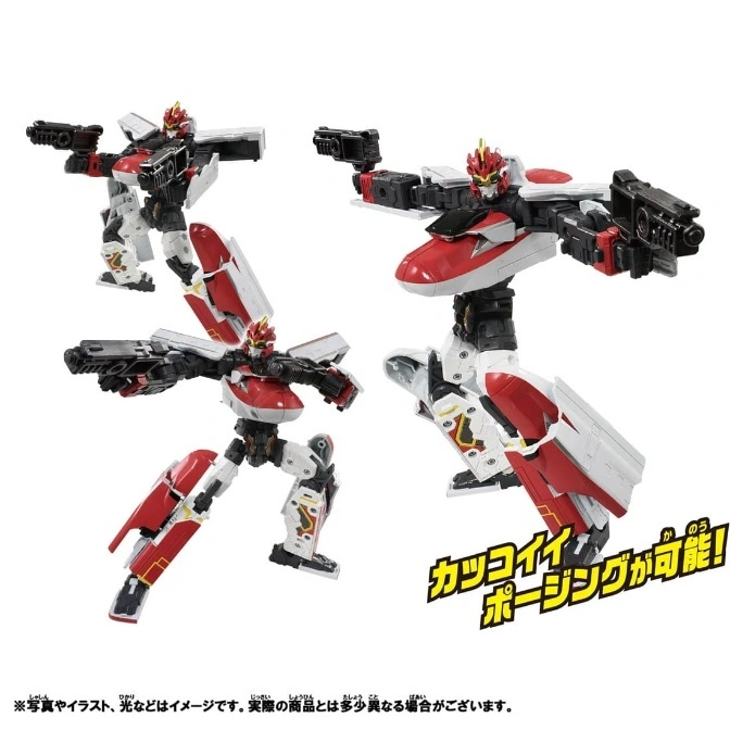  Red and white robot toy with guns in various poses, showcasing articulation.