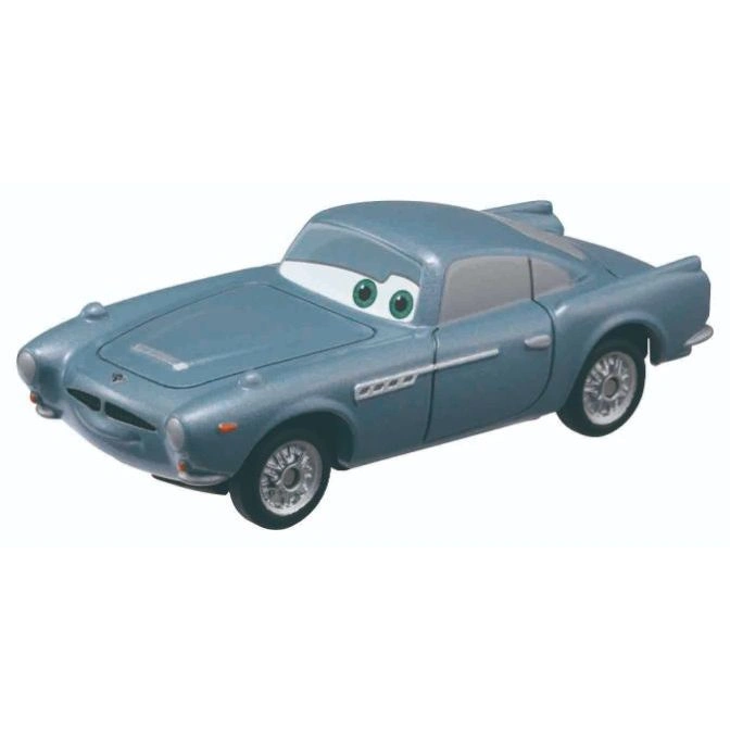 Blue toy car with eyes on the windshield, resembling a classic sports car.