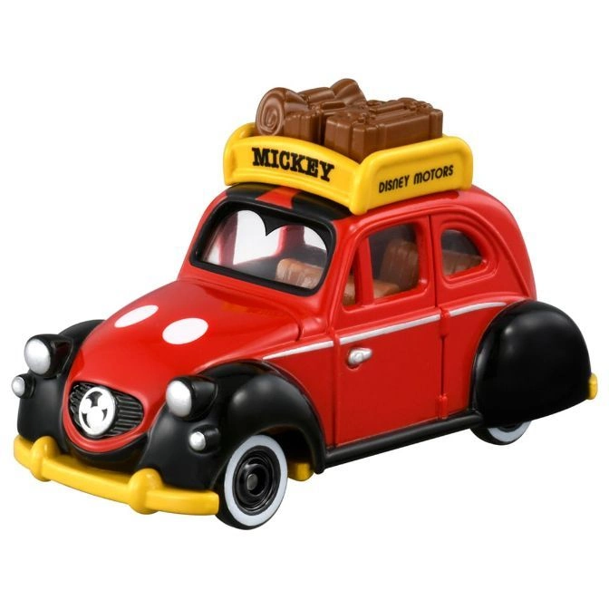 Red Mickey Mouse Disney Motors toy car with luggage on top.