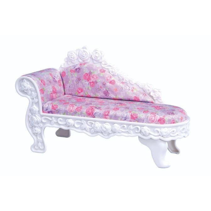  Toy chaise lounge with floral fabric and white ornate frame.