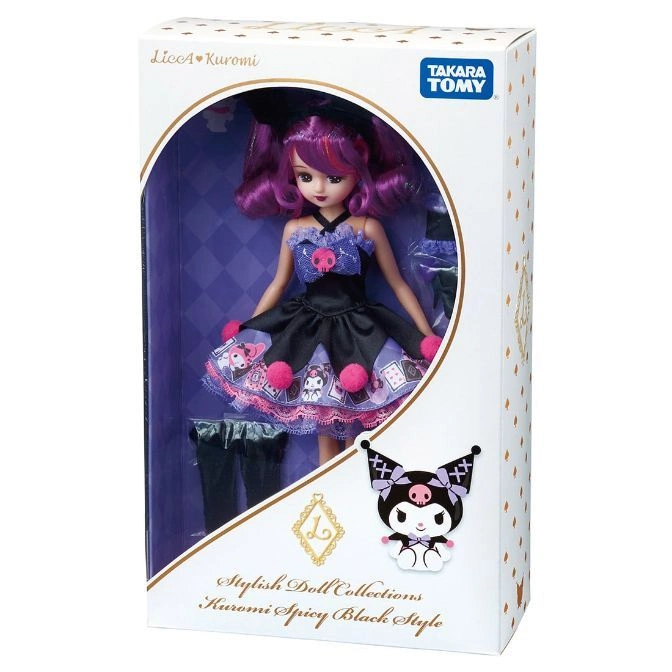  Licca x Kuromi doll in box: purple hair, black dress with skull, playing card trim, and Kuromi character art.