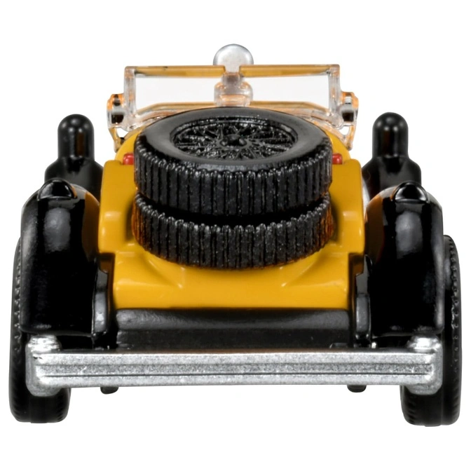  Yellow toy car with black fenders and spare tire on the back.