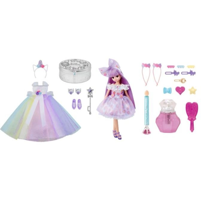  Doll playset with dresses, accessories, and beauty items for imaginative play.