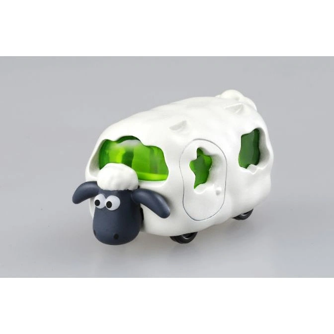 Shaun the Sheep car toy with green windows and black wheels.