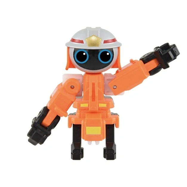  Orange robot toy with a firefighter helmet and black hands.